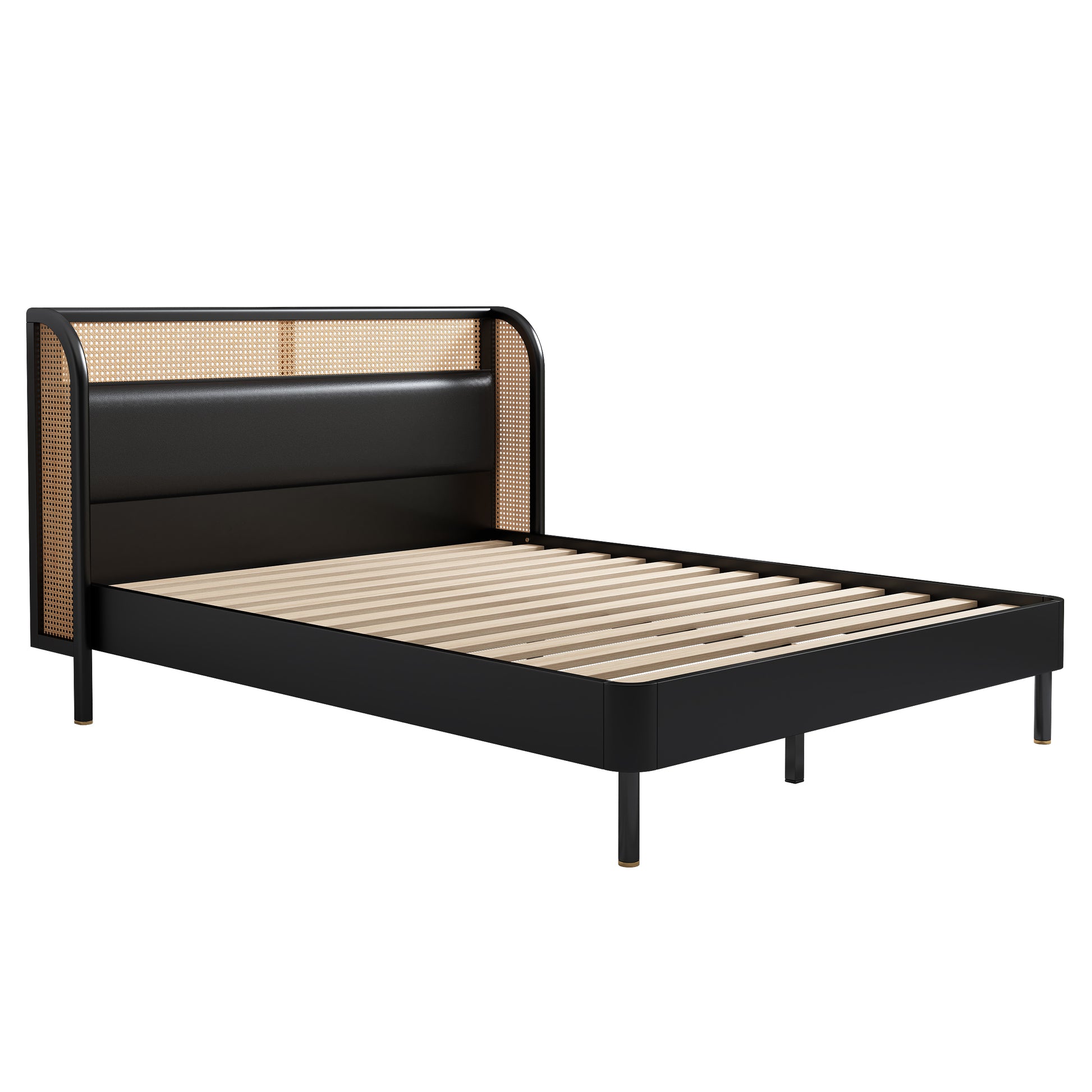 Yara Black 4 Pieces Modern Cannage Rattan Platform Queen Bed + Nightstands (2) + Dresser Set