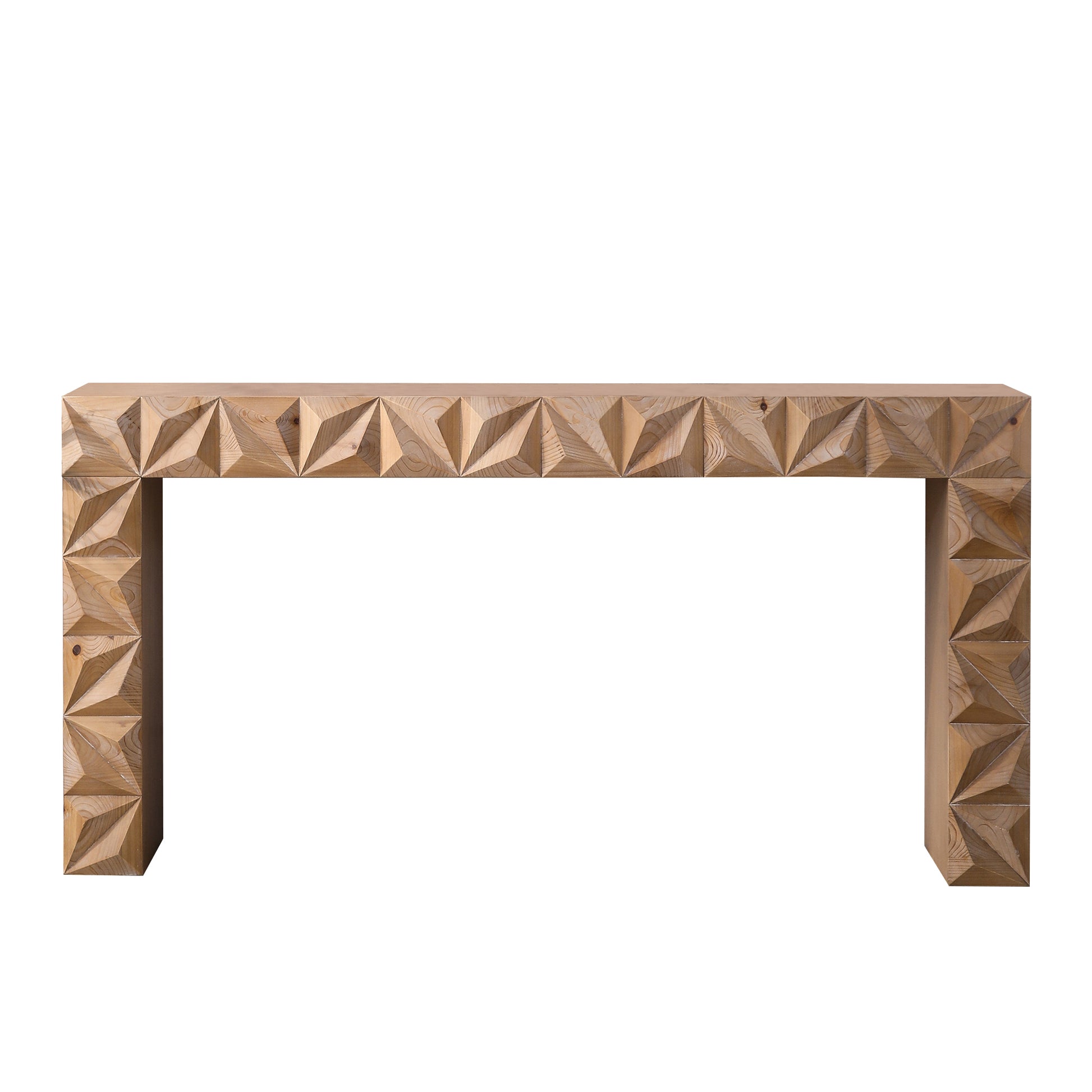 Modern Geometric Wooden Console Table – Natural Wood Finish with Handcrafted 3D Design