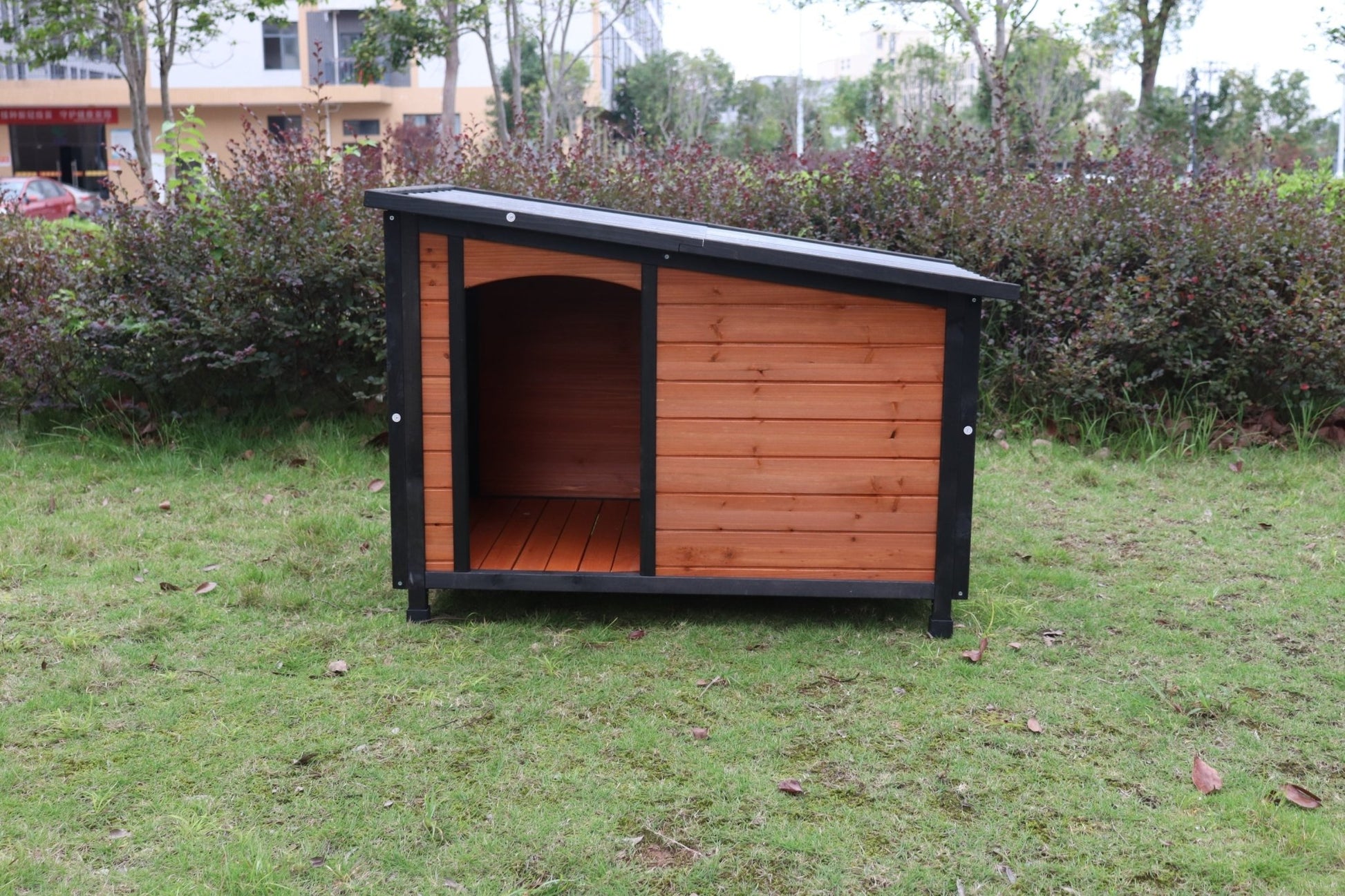 46"Dog House Outdoor & Indoor Wooden Dog Kennel for Winter with Raised Feet Weatherproof for Large Dogs(Gold red and black)PVC waterproof roof(L) - Groovy Boardz