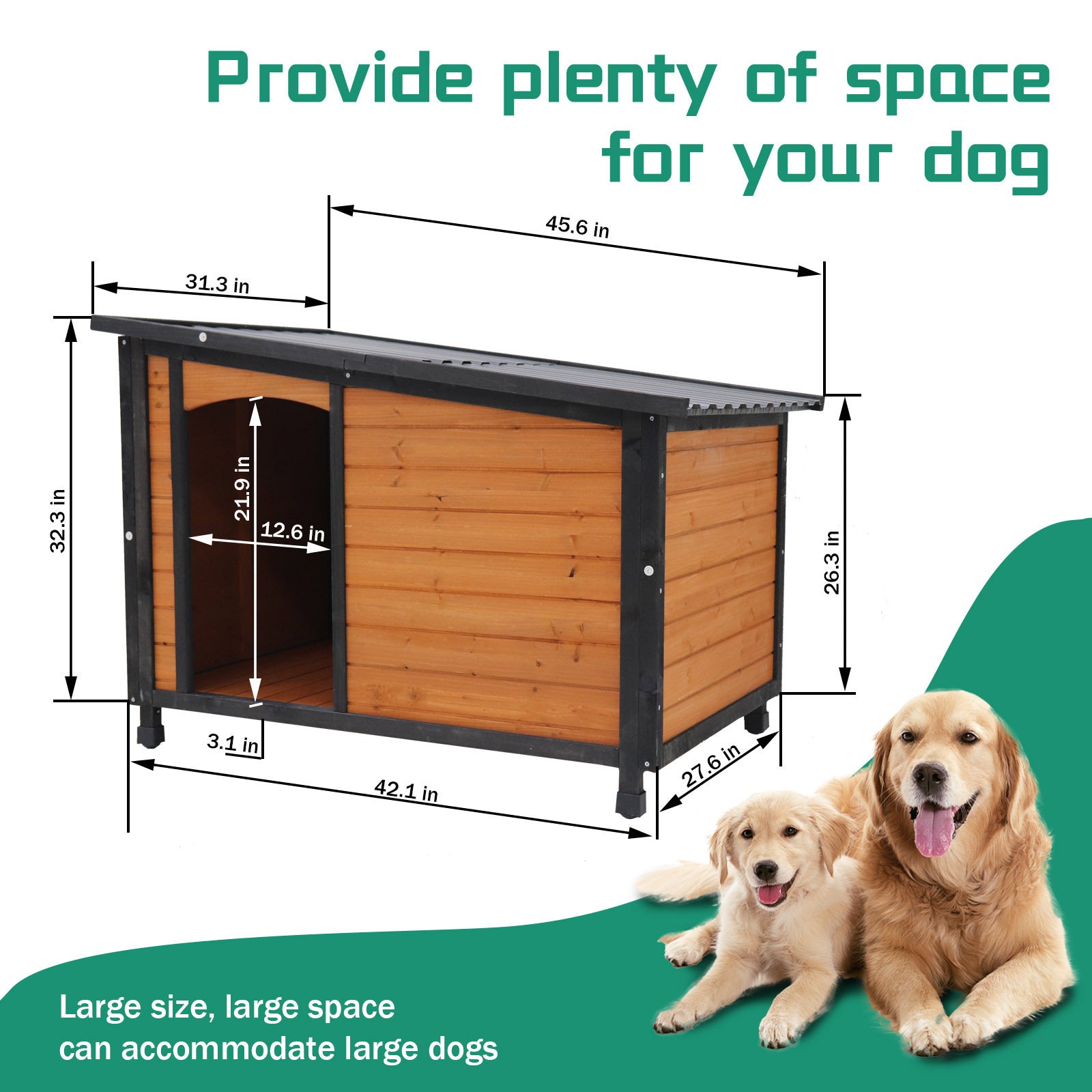 46"Dog House Outdoor & Indoor Wooden Dog Kennel for Winter with Raised Feet Weatherproof for Large Dogs(Gold red and black)PVC waterproof roof(L) - Groovy Boardz