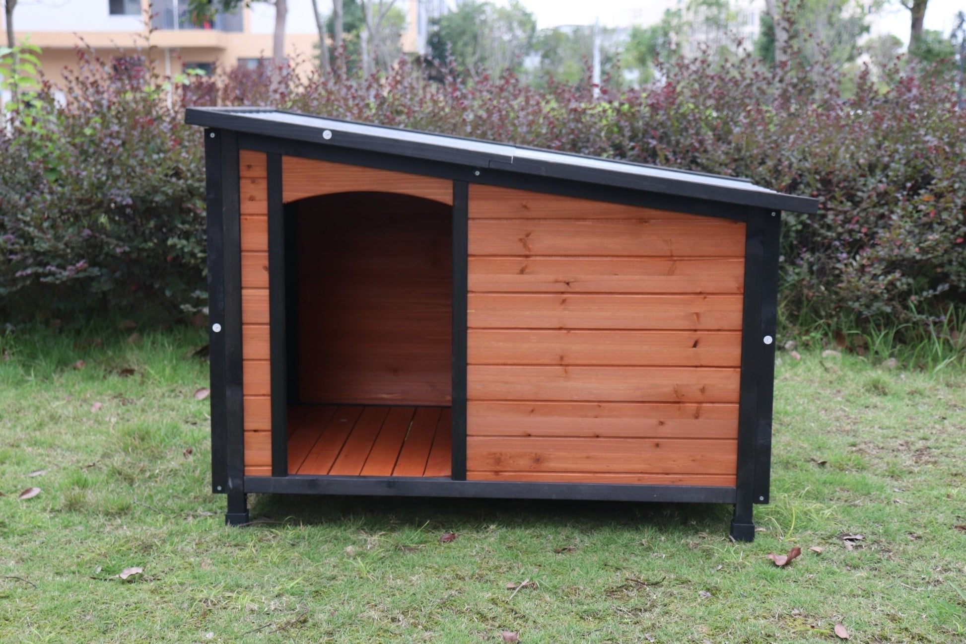 46"Dog House Outdoor & Indoor Wooden Dog Kennel for Winter with Raised Feet Weatherproof for Large Dogs(Gold red and black)PVC waterproof roof(L) - Groovy Boardz