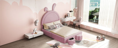 Full size Upholstered Rabbit-Shape Bed with 2 Storage Stools, Velvet Platform Bed with Cartoon Ears Shaped Headboard, Pink