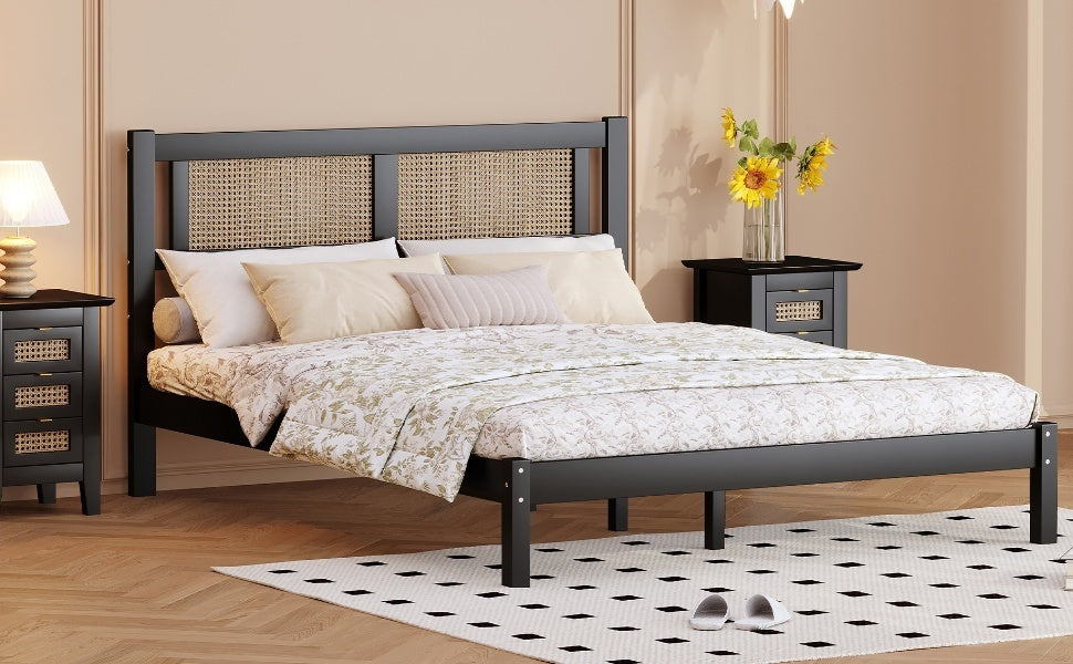 Queen Size Wooden Platform Bed with Natural Rattan Headboard, Exquisite Elegance with Minimalist Charm for Bedroom, Black