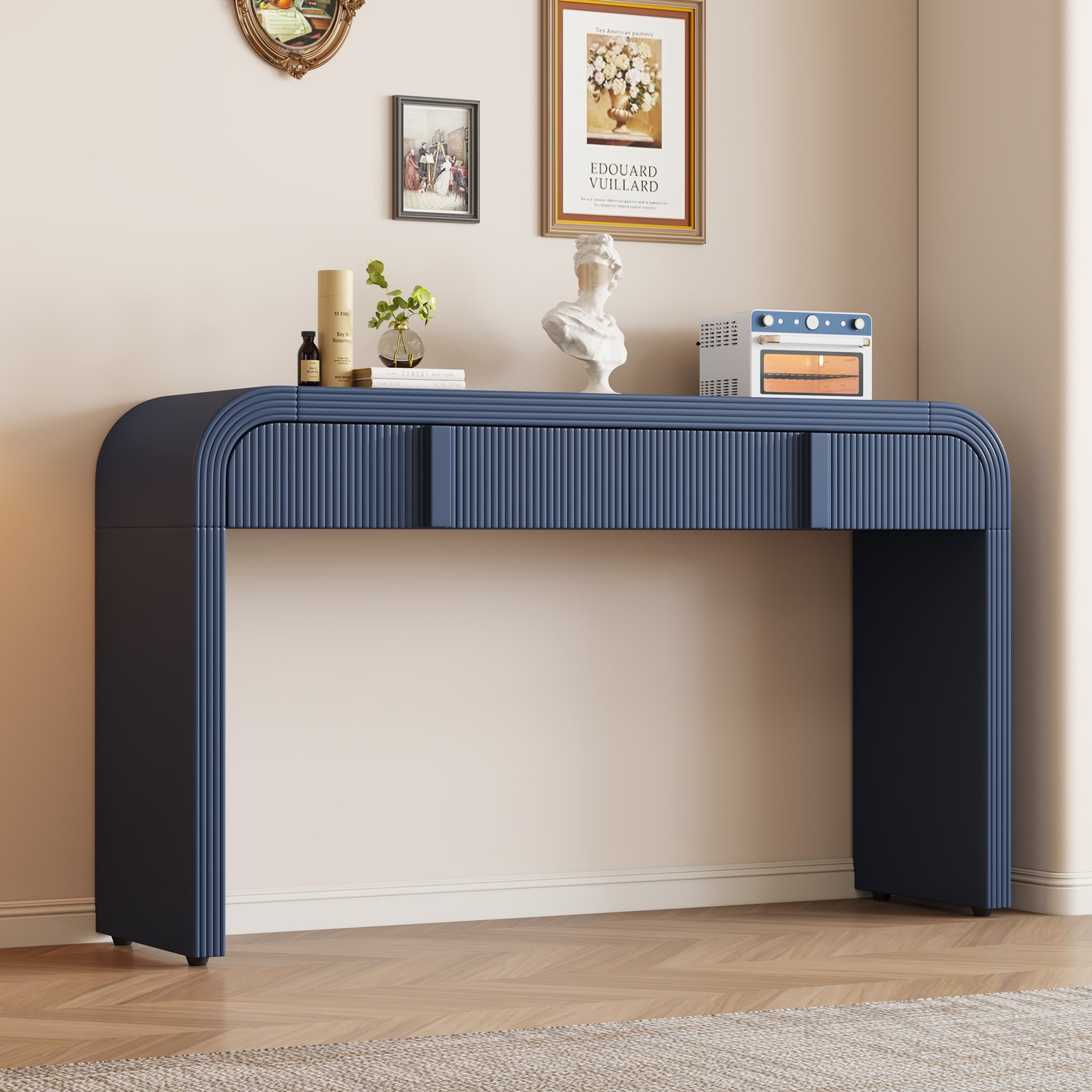 TREXM Unique Modern Rounded Silhouette and Smooth Surface Console Table with 2 Drawers for Living Room and Entryway(Navy Blue)