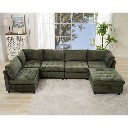 [NEW ARRIVED] [VIDEO PROVIDED]   Modular Sectional Couch with Storage Ottoman, U Shaped Sofa, Storage Ottoman,Minimalist ,Convertible Modular Sofa,Chenille ,Upholstered,6 Seat,Living Room,   Green