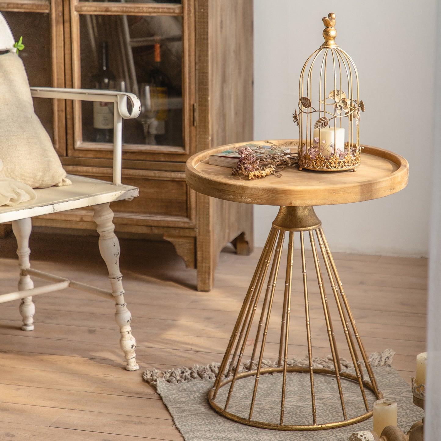 Round Coffee Table, Sturdy Side Table with Golden Metal Frame, Modern End Tables for Living Room Bedroom, 19.49D*22.05H (Only Coffee Table)