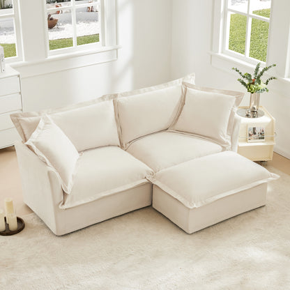 Slipcovered Sectional 2 Seater Sofa Couch with Convertible Ottoman, Wide and Deep Seat L Shaped Sofa with Detachable Cover and Soft Multiple Big Pillows, Chenille Fabric, Cream