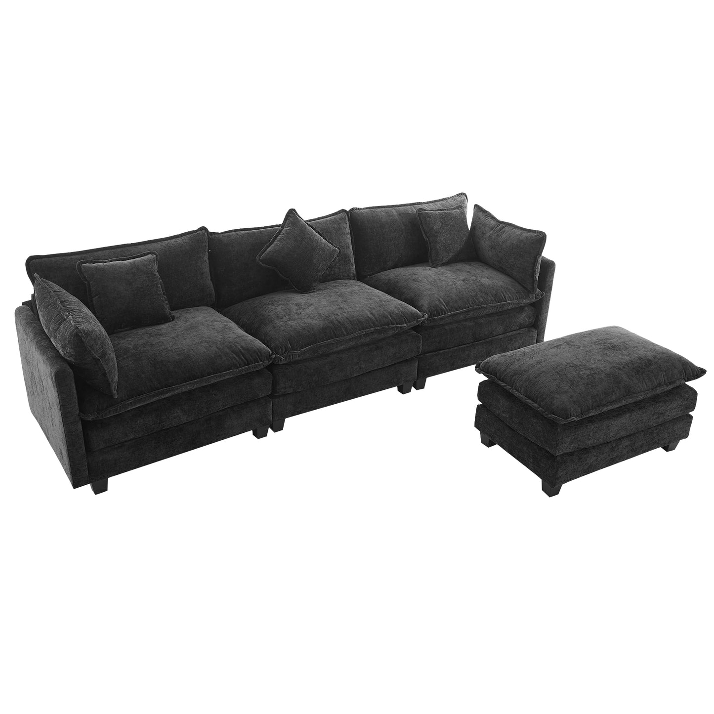 112.2" L-Shape Chenille Upholstered Sofa for Living Room Modern Luxury Sofa Couch with Ottoman and 5 Pillows for Living Room (SG001160AA), Black