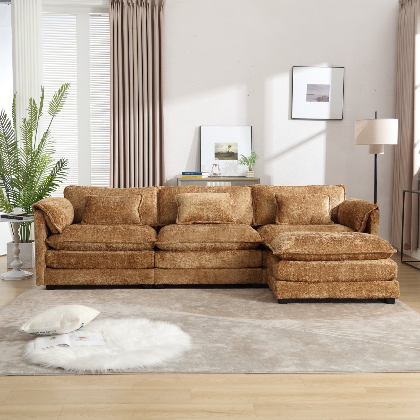 Modern Large boucle Fabric L-Shape Sectional Chenille fabric, movable pedals, detachable armrests, oversized three-seat Sofa