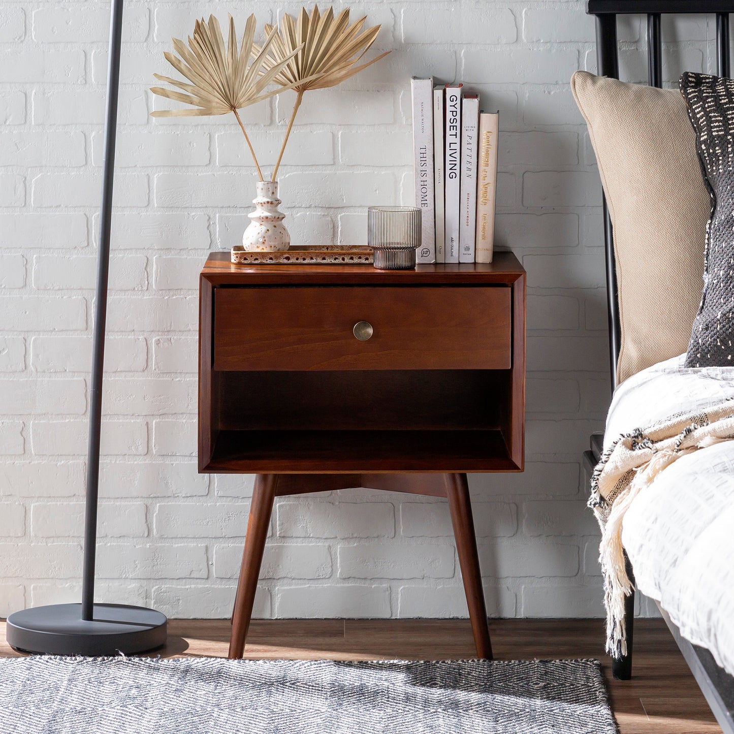 Mid-Century Modern Single-Drawer Solid Wood Nightstand - Walnut