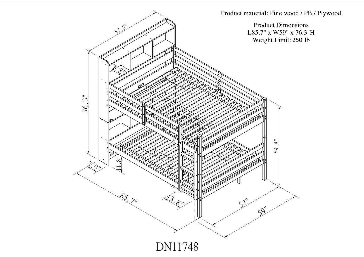 Full Over Full Bunk Beds with Bookcase Headboard, Solid Wood Bed Frame with Safety Rail and Ladder, Kids/Teens Bedroom, Guest Room Furniture, Can Be converted into 2 Beds, Grey