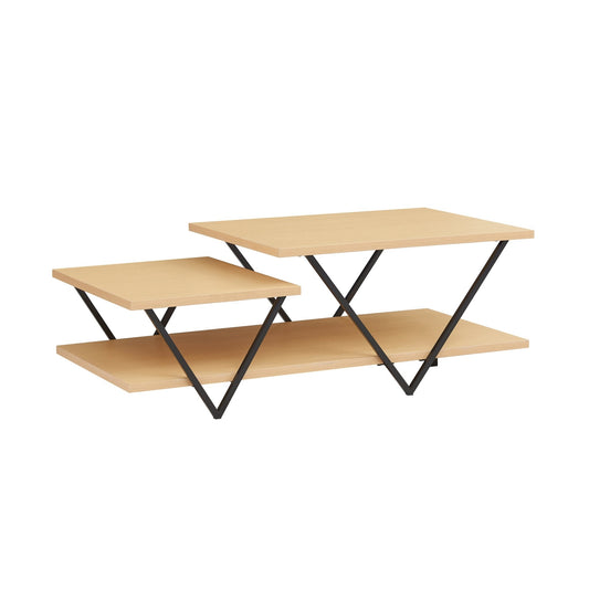 48 Inch 2 Tier Top Coffee Table with Bottom Shelf, V Shape Black Metal Legs, Light Maple Wood - Groovy Boardz