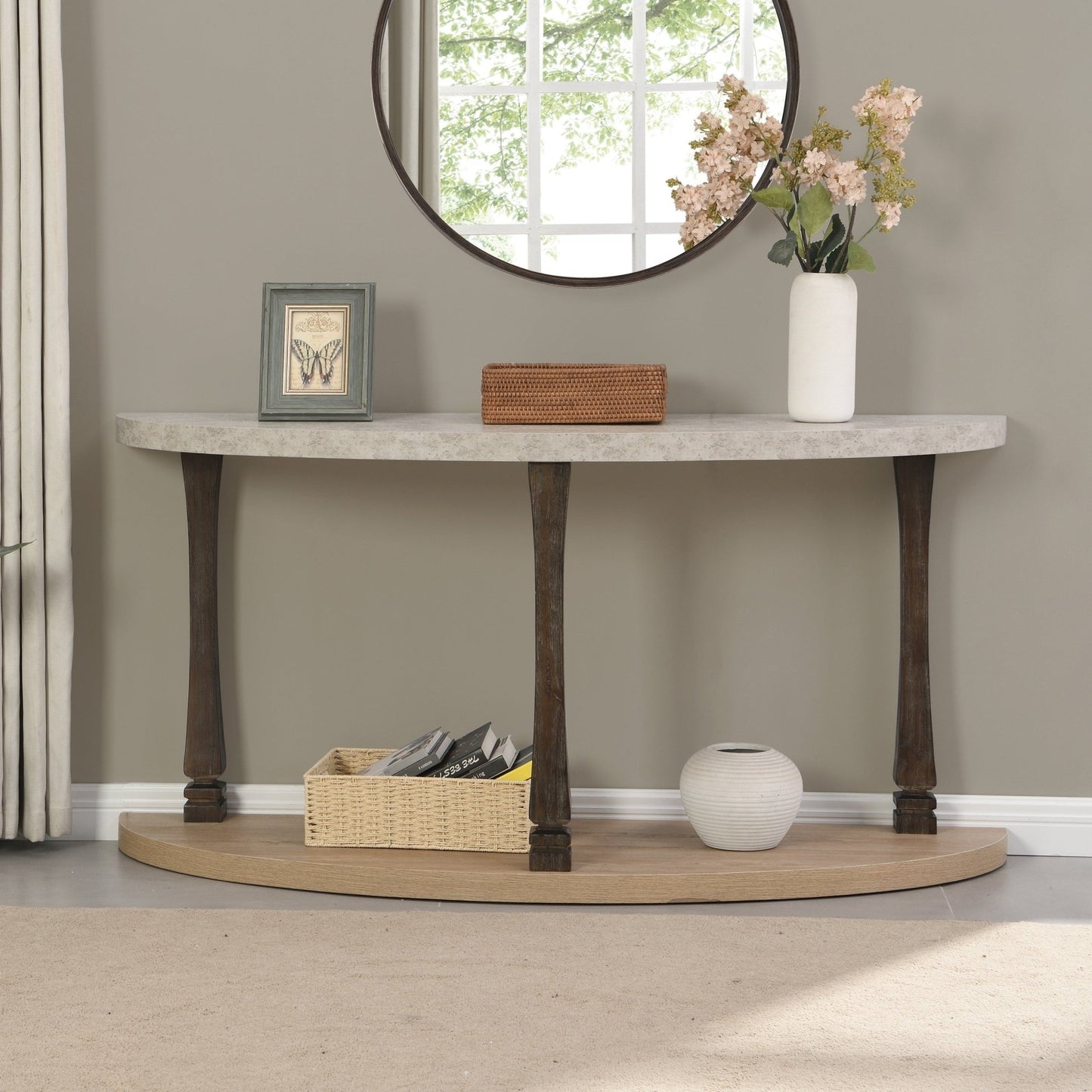 48 inch Long Semi Circle Demilune Sofa Table for Small Hallway Entryway Space, Wooden Half Moon Sturdy Console Tables, Grey&Natural Colour - Groovy Boardz