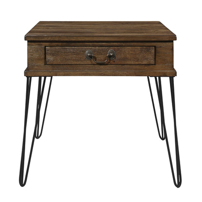 Rustic Oak and Black Finish Classic End Table with Drawer Metal Legs Solid Wood Living Room Furniture 1pc Side Table