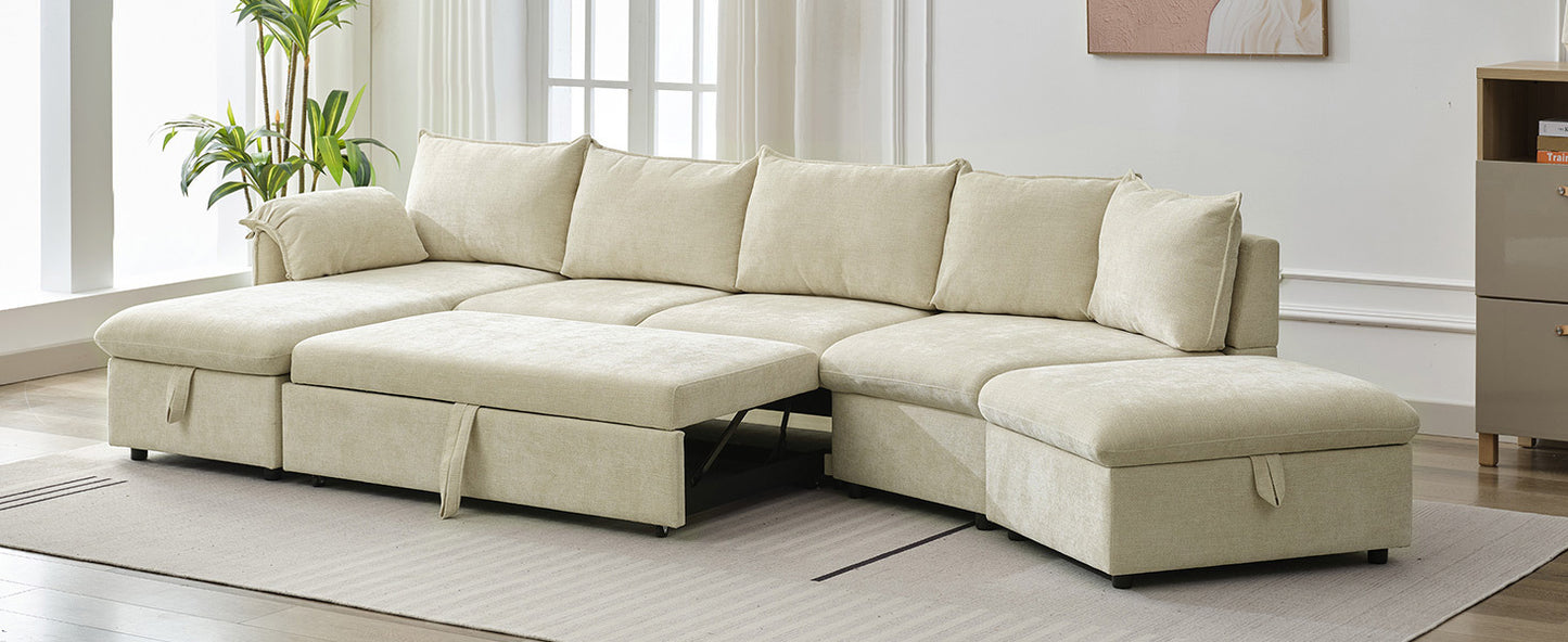 146.9" L-shaped Sofa Sectional Sofa Couch Pull-out Sofa Bed with a Movable Storage Ottoman, a Storage Chaise Lounge and Two USB Ports for Living Room, Beige