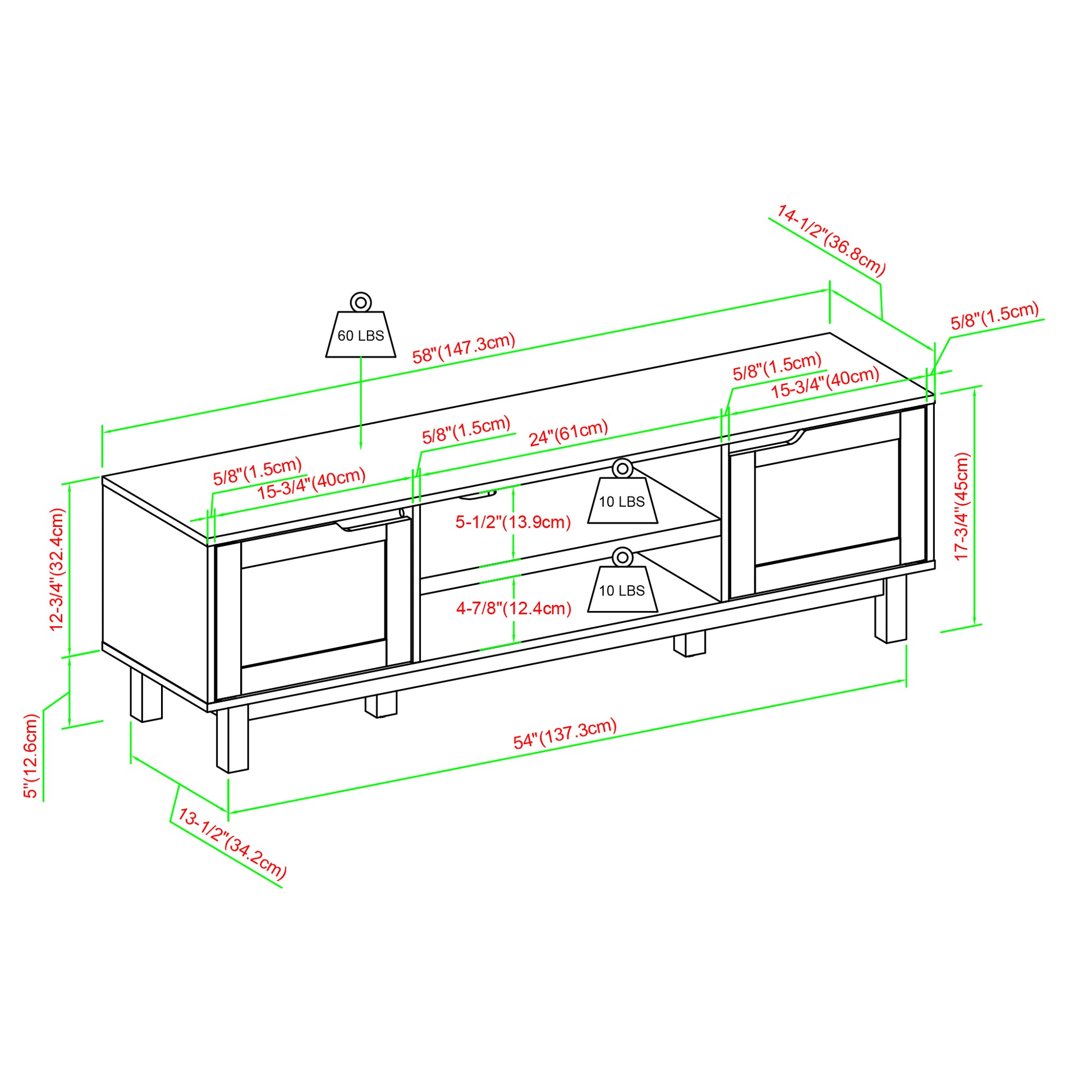 Modern 2-Door Open Storage TV Stand for TVs up to 65 inches – Solid Black