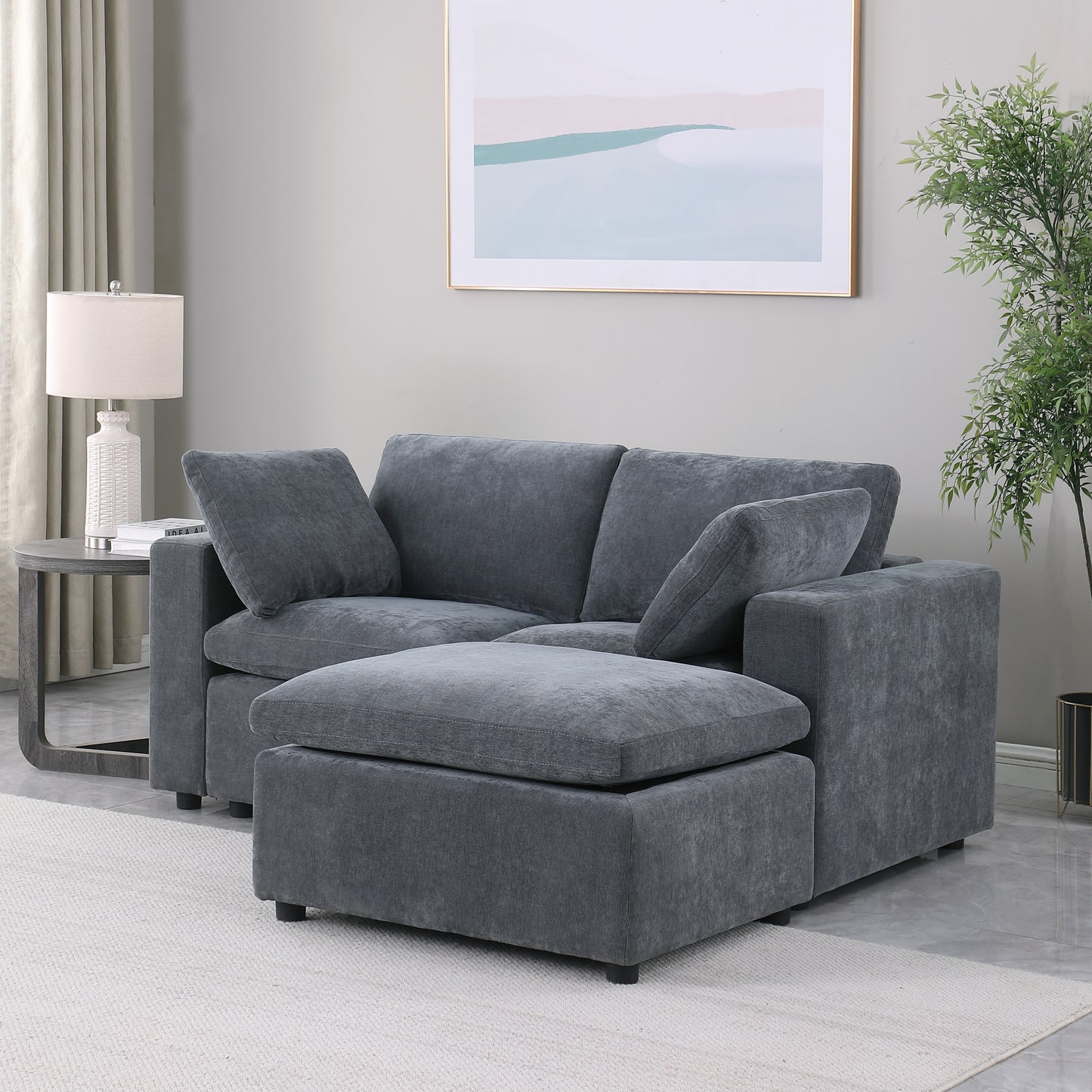 68.5" Loveseat Sofa with Ottoman Modular Sectional Love Seat Couch Small L Shaped Upholstered Couch for Living Room Apartment Small Space, Chenille Grey