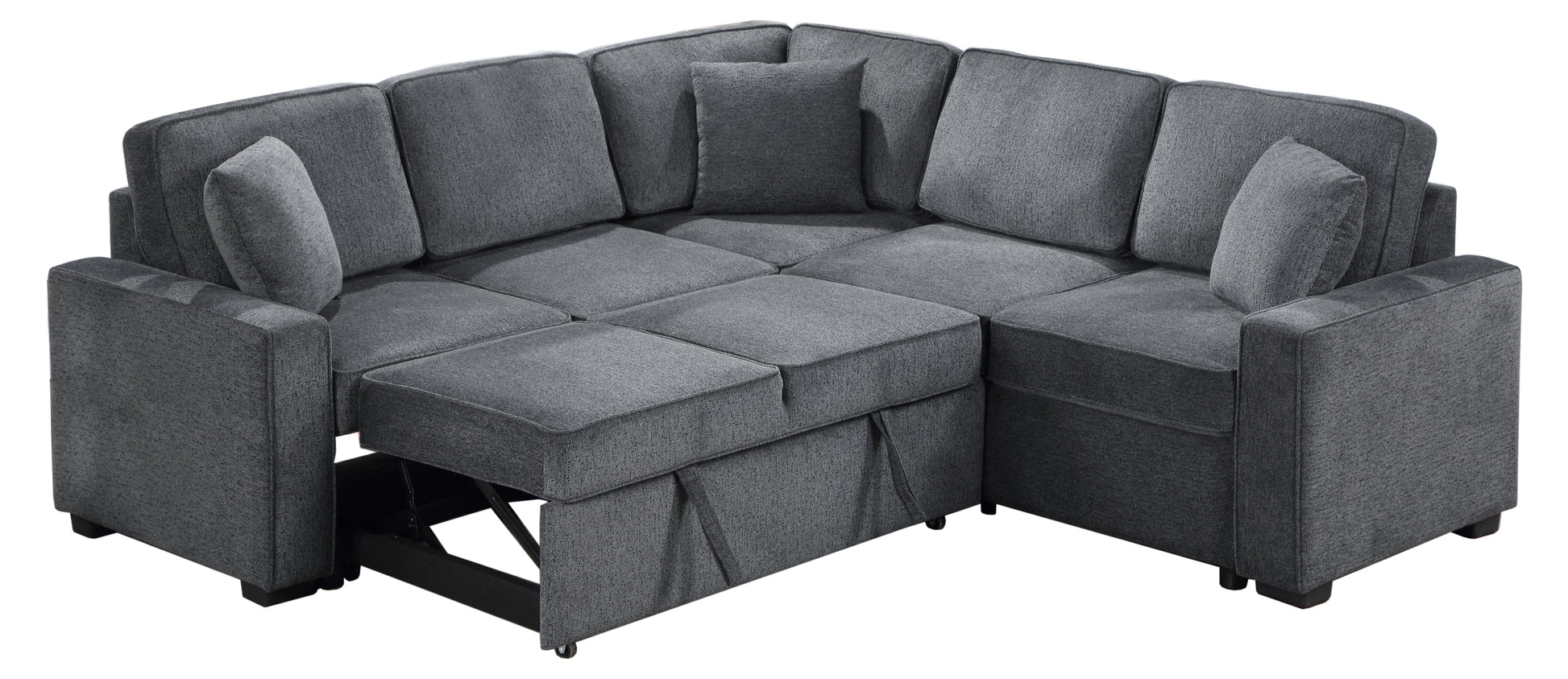 Modular Sofa, Sectional Couch L Shaped Sofa Couch with Pullout Sleeper, 5 Seat Chenille Corner Sofa for Living Room, 3 Pillows Included, Dark Gray