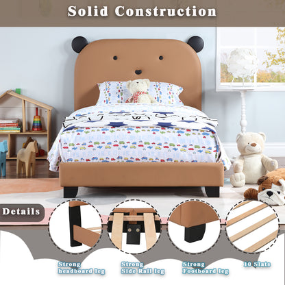 Upholstered Twin Size Platform Bed for Kids, with Slatted Bed Base, No Box Spring Needed, Brown color, Bear Design