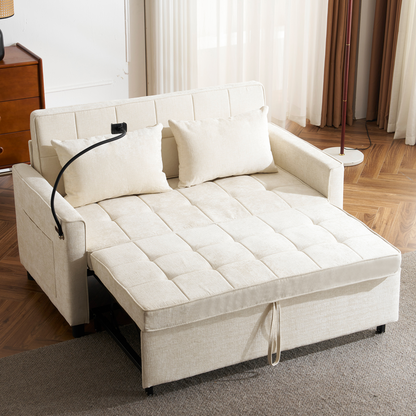 56.9" Loveseat Sofa Pull-out Sofa Bed Sleeper Sofa with a Reversible Backrest Cushion, Side Pockets, Two USB Ports and a Phone Holder for Living Room, Beige