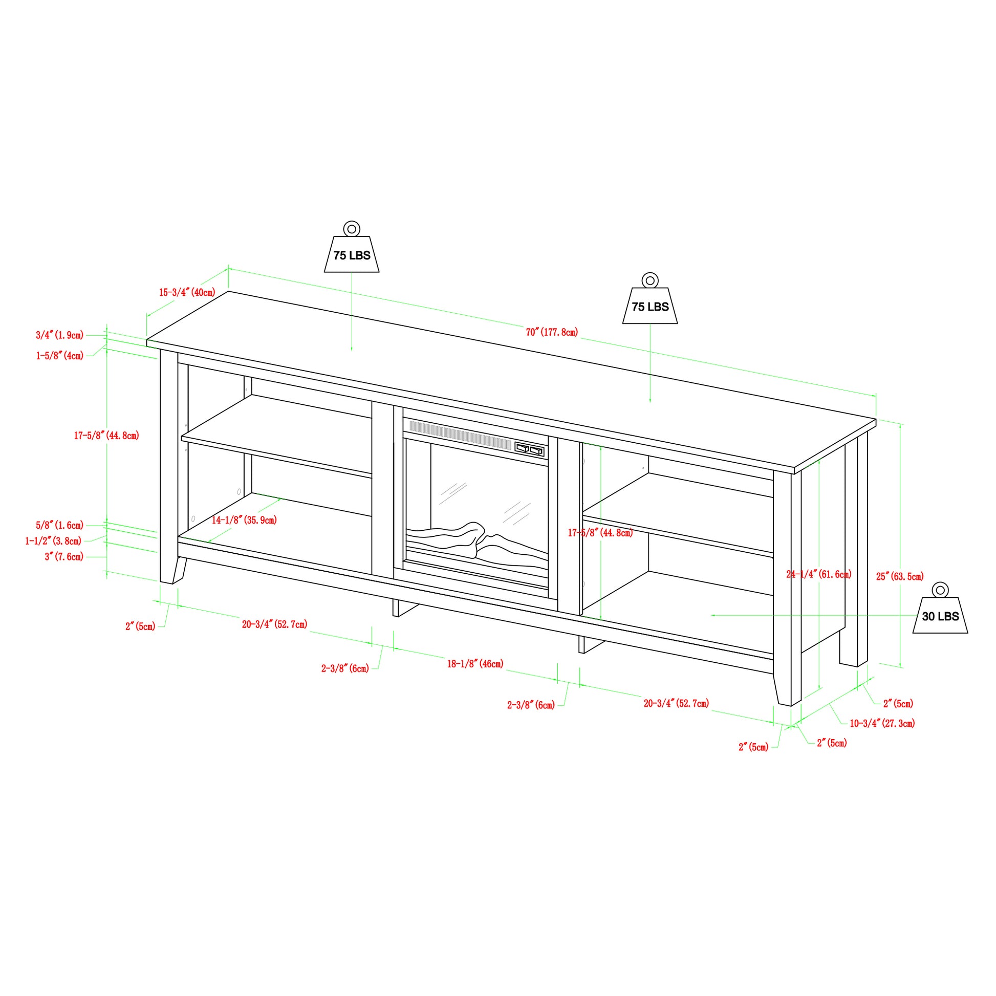 Modern Transitional Wood 70" Fireplace TV Stand for 80" TVs with 2 Shelves - Espresso