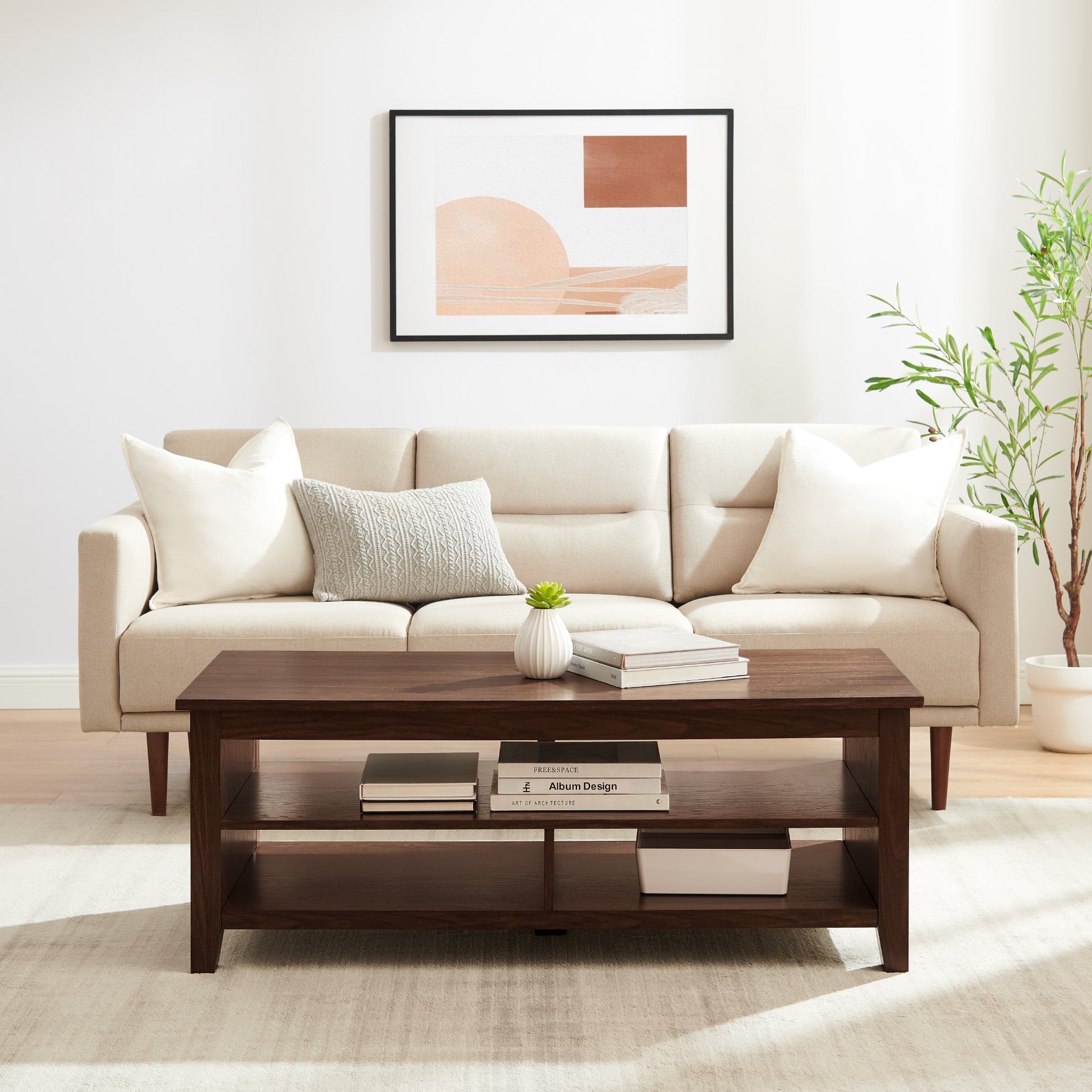 Coastal Grooved Panel Coffee Table with Lower Shelf – Dark Walnut