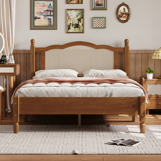 Full Size Wooden Platform Bed with Natural Rattan Headboard, Vintage Bed Frame with Wooden Slat Support, Walnut