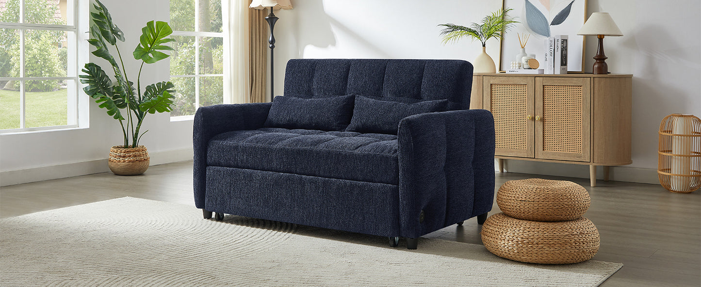 52.8" Loveseat Sofa Pull-out Sofa Bed Tufted Sleeper Sofa with an Adjustable Backrest, Three USB Ports and Two Lumbar Pillows for Living Room, Blue