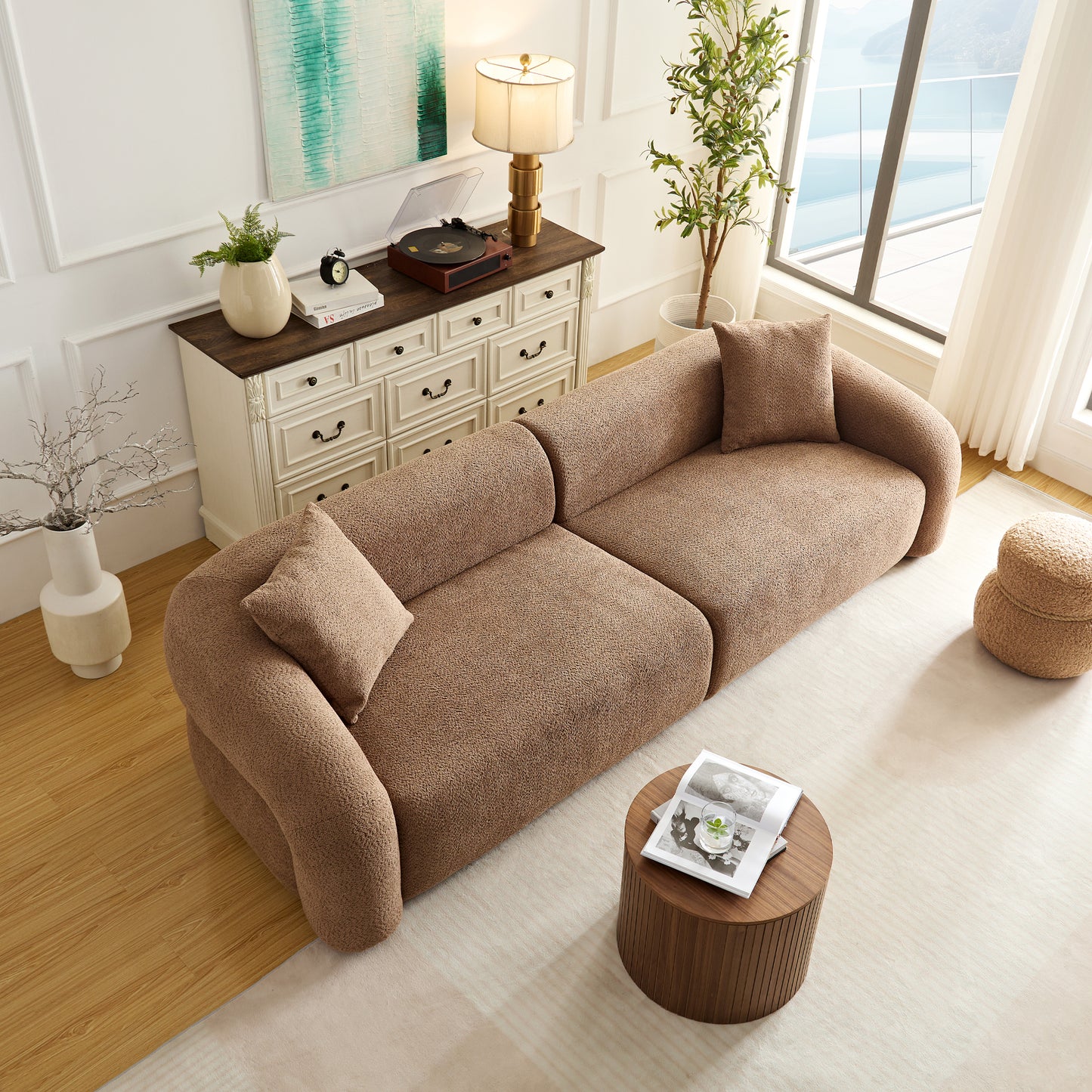 WKS15C camel sectional sofa with removable pillows, durable fabric, solid wood frame, high density sponge filler