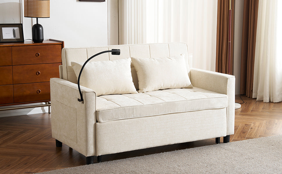 56.9" Loveseat Sofa Pull-out Sofa Bed Sleeper Sofa with a Reversible Backrest Cushion, Side Pockets, Two USB Ports and a Phone Holder for Living Room, Beige