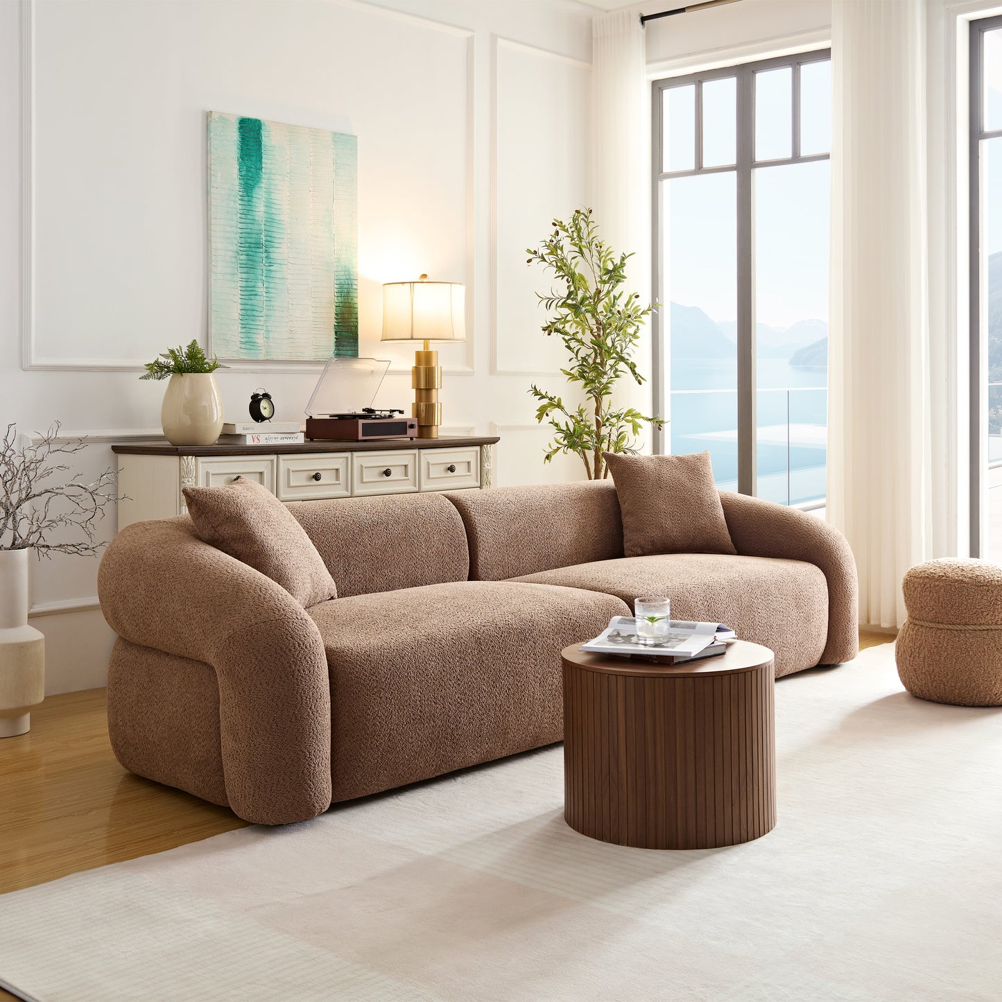 WKS15C camel sectional sofa with removable pillows, durable fabric, solid wood frame, high density sponge filler