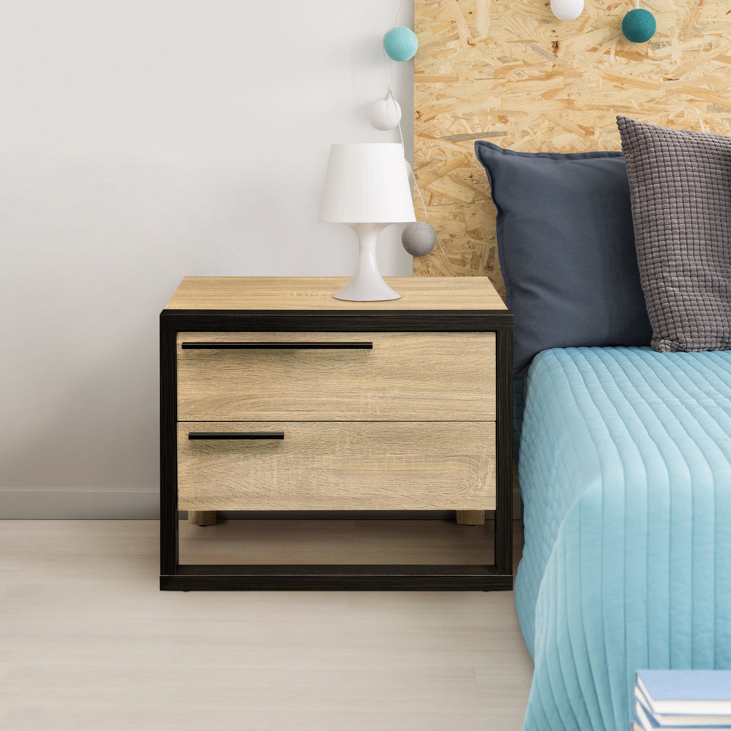 Oak and Black 2-drawer Nightstand