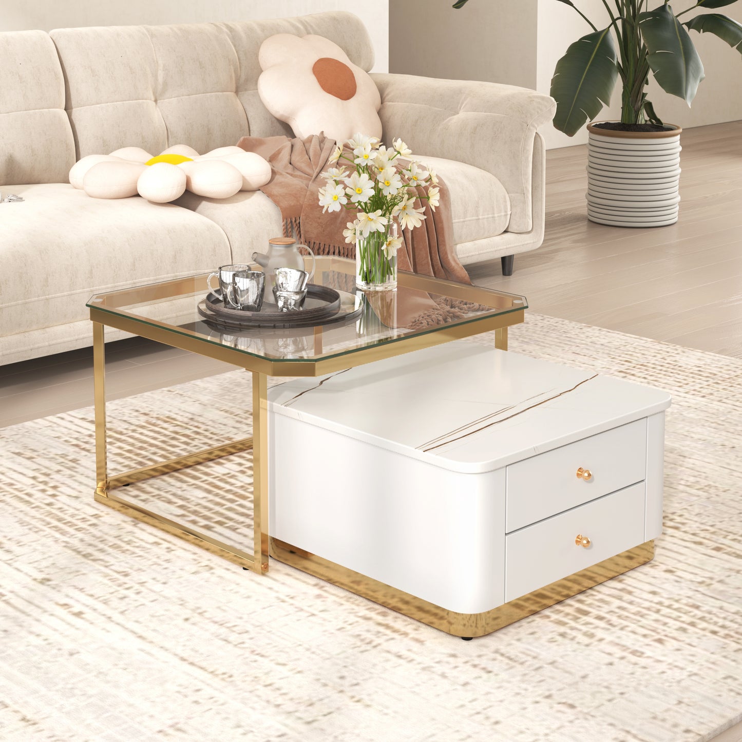 Modern 2 Pieces White  Square Nesting  Coffee Table with Drawers & Electroplated gold legs in 27.6''