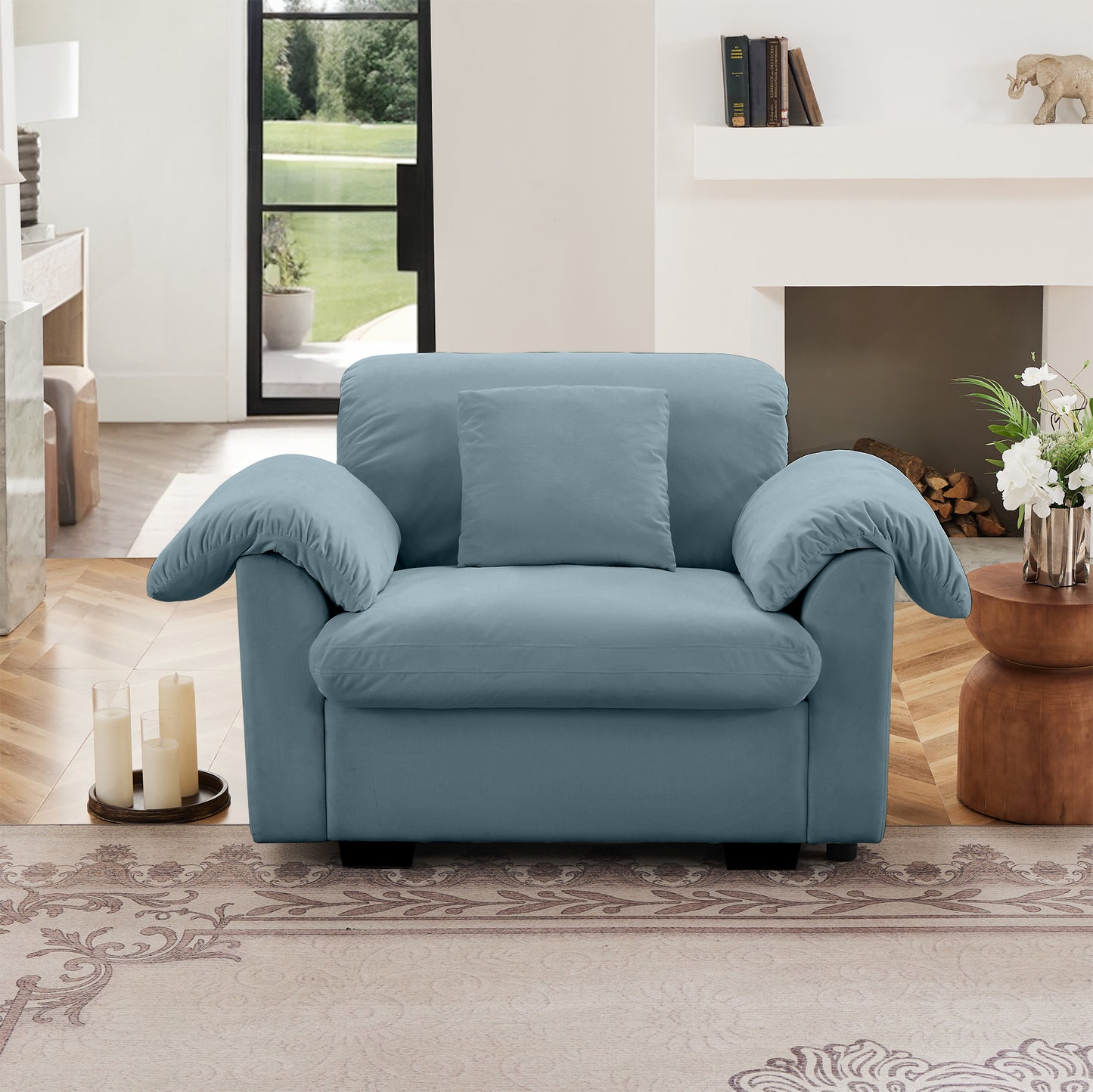 Modern Deep Seat Single Sofa, Upholstered Accent Chair With Fluffy Armrest Pillows and Backrest,Velvet Fabric Single Sofa With Storage Function,Accent Chair for Living Room Bedroom Small Spaces Apartm