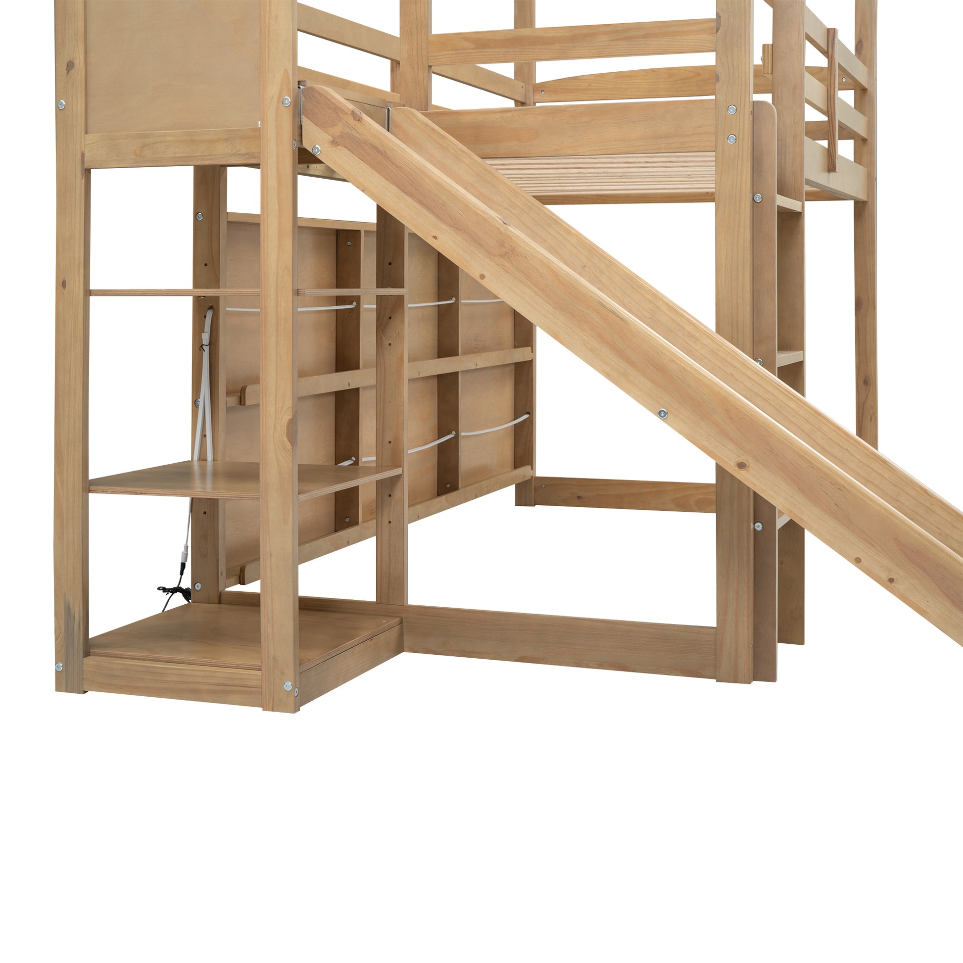 Twin Size Wood House Loft bed with Slide, Storage shelves and Light, Climbing Ramp, Wood Color