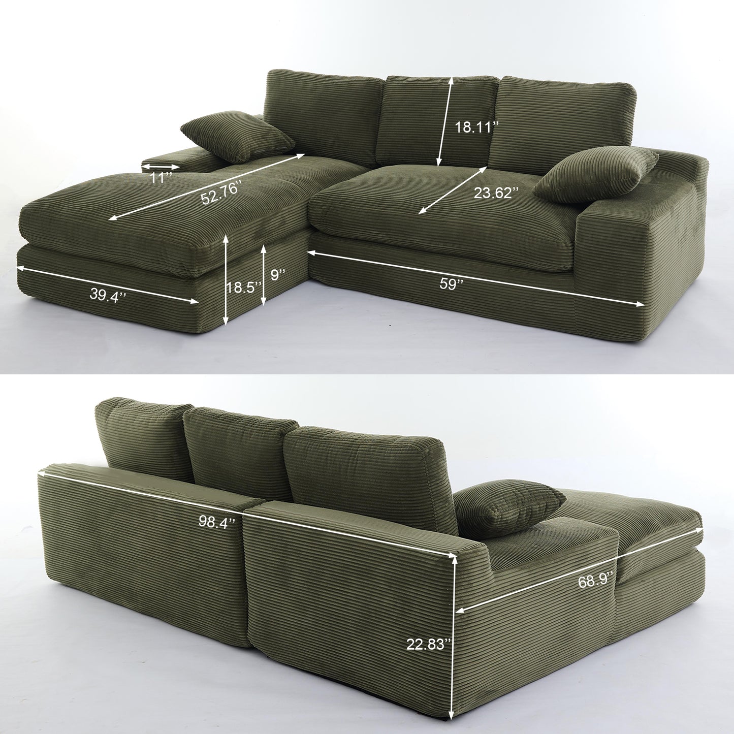 99*69" Modular Sectional Living Room Sofa Set, Modern Minimalist Style Couch, Upholstered Sleeper Sofa for Living Room, Bedroom, 2 PC Free Combination, Installation-free Sofa, L-Shape, Army Green