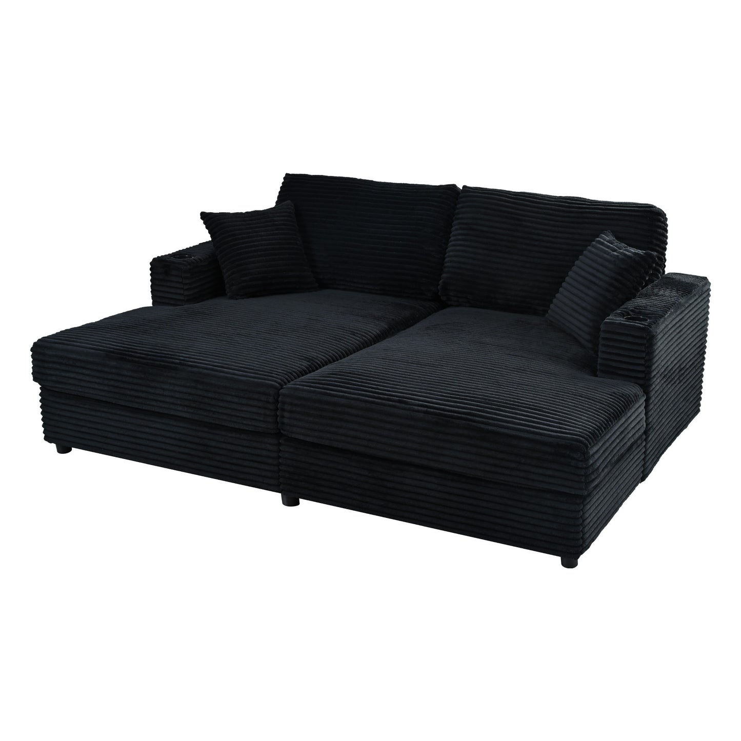 86.5" Oversized Loveseat Chaise Lounge Sectional Sofa Bed Corduroy Sleeper Sofa with Two USB Ports , Two Cup Holders and Two Throw Pillows for Living Room and Bedroom, Black