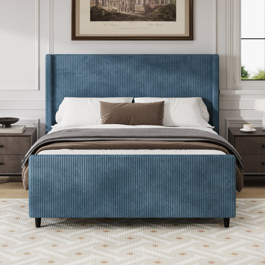 50.7'' High Headboard Corduroy Upholstered Bed Frame with Vertical Stripe Wingback and High Footboard No Box Spring Needed,King Size, Blue