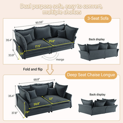 90.55" Modern Comfy Upholstered Sofa Cloud Couch, Deep Seat Couches with Multiple Large Soft Pillows,Convertible Deep Seat Chaise Longue for Living Room Bedroom,Apartment,Office,grey