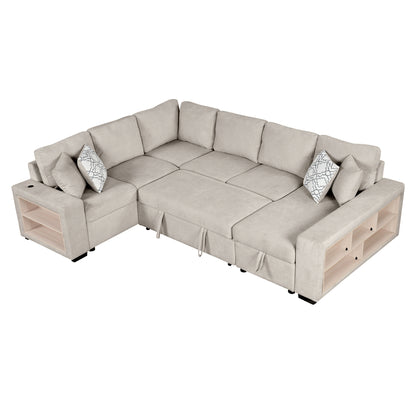 109" U-shaped Sectional Sofa Pull-out Sofa Bed with Two USB Ports, a Storage Chaise Lounge and Four Back Pillows for Living Room, Beige