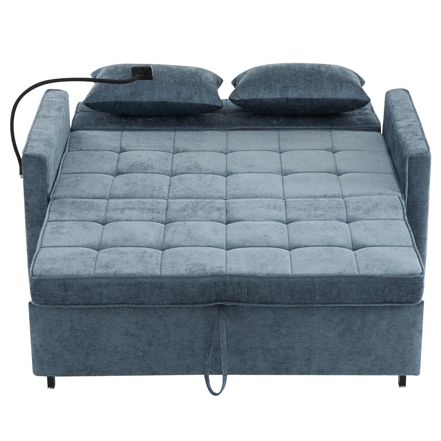 56.9" Loveseat Sofa Pull-out Sofa Bed Sleeper Sofa with a Reversible Backrest Cushion, Side Pockets, Two USB Ports and a Phone Holder for Living Room, Blue