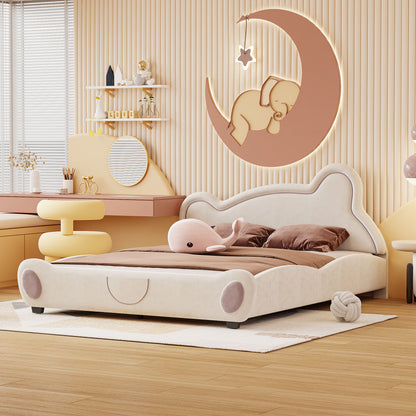 Queen Size Velvet Platform Bed with Bear-Shaped Headboard, with Drawers, with Bed-End Storage Pocket, Beige