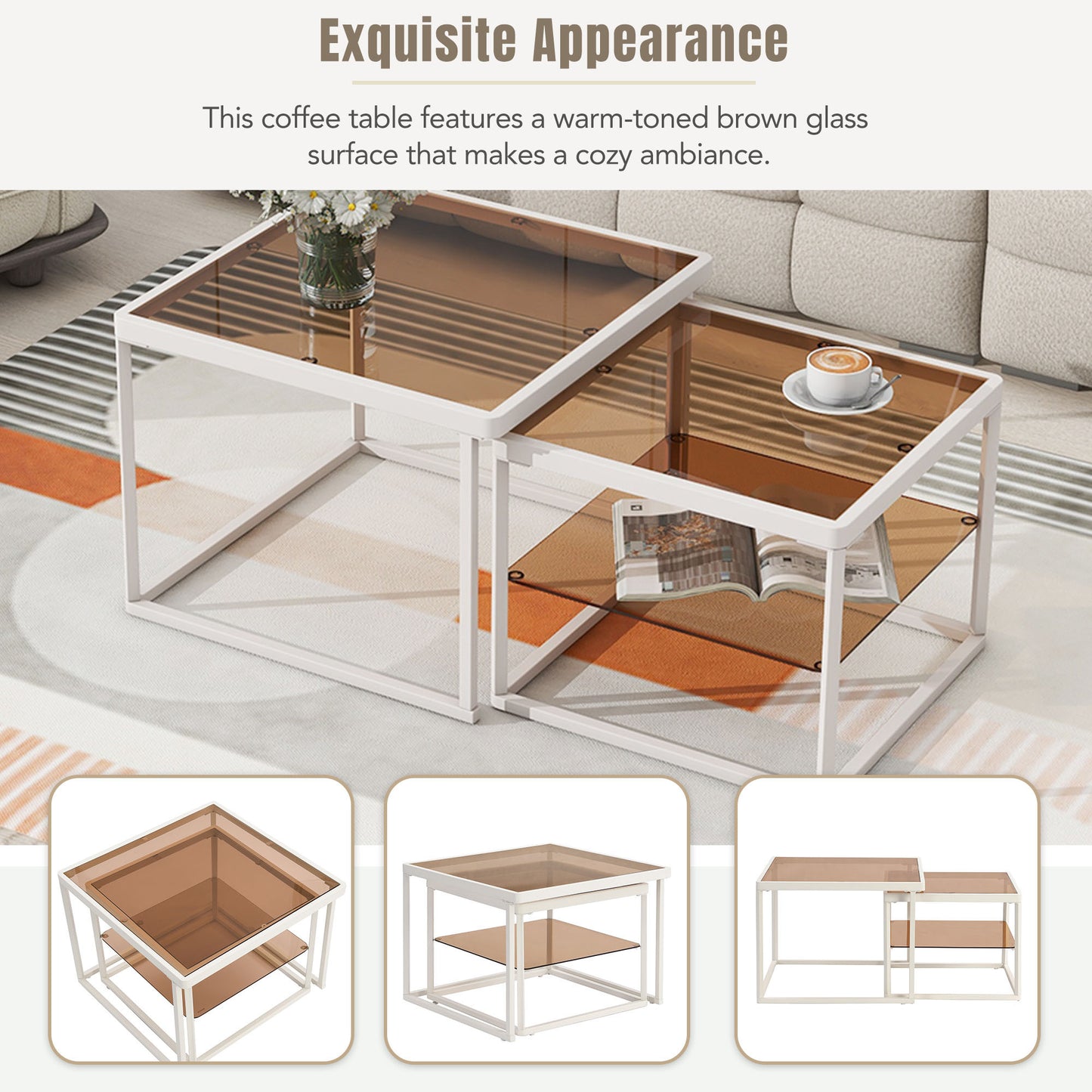 ON-TREND Modern Nested Coffee Table Set with High-low Combination Design, Brown Tempered Glass Cocktail Table with Metal Frame, Length Adjustable 2-Tier Center&End Table for Living Room, White