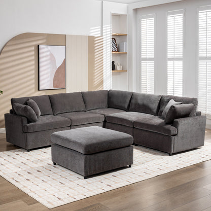 [ Video Provided]U_STYLE Upholstered Sectional Sofa with Removable Ottoman,U-Shape 6 Seat Sectional Couch,  for Living Room,,Apartment, Spacious Space