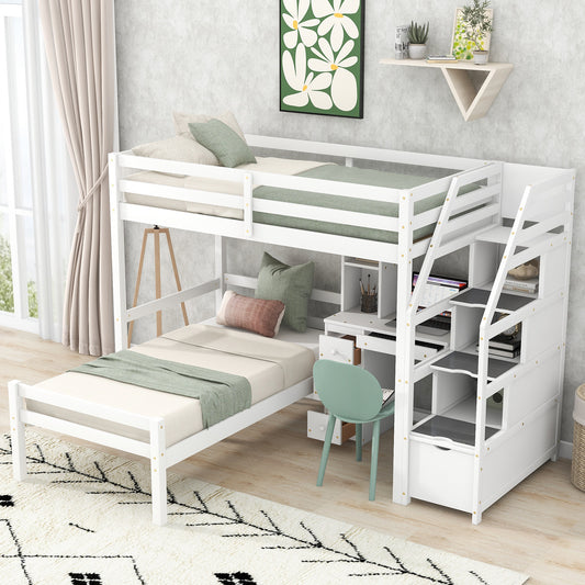 Twin Size Loft Bed with a Stand-alone Bed, Storage Staircase, Desk, Shelves and Drawers, White