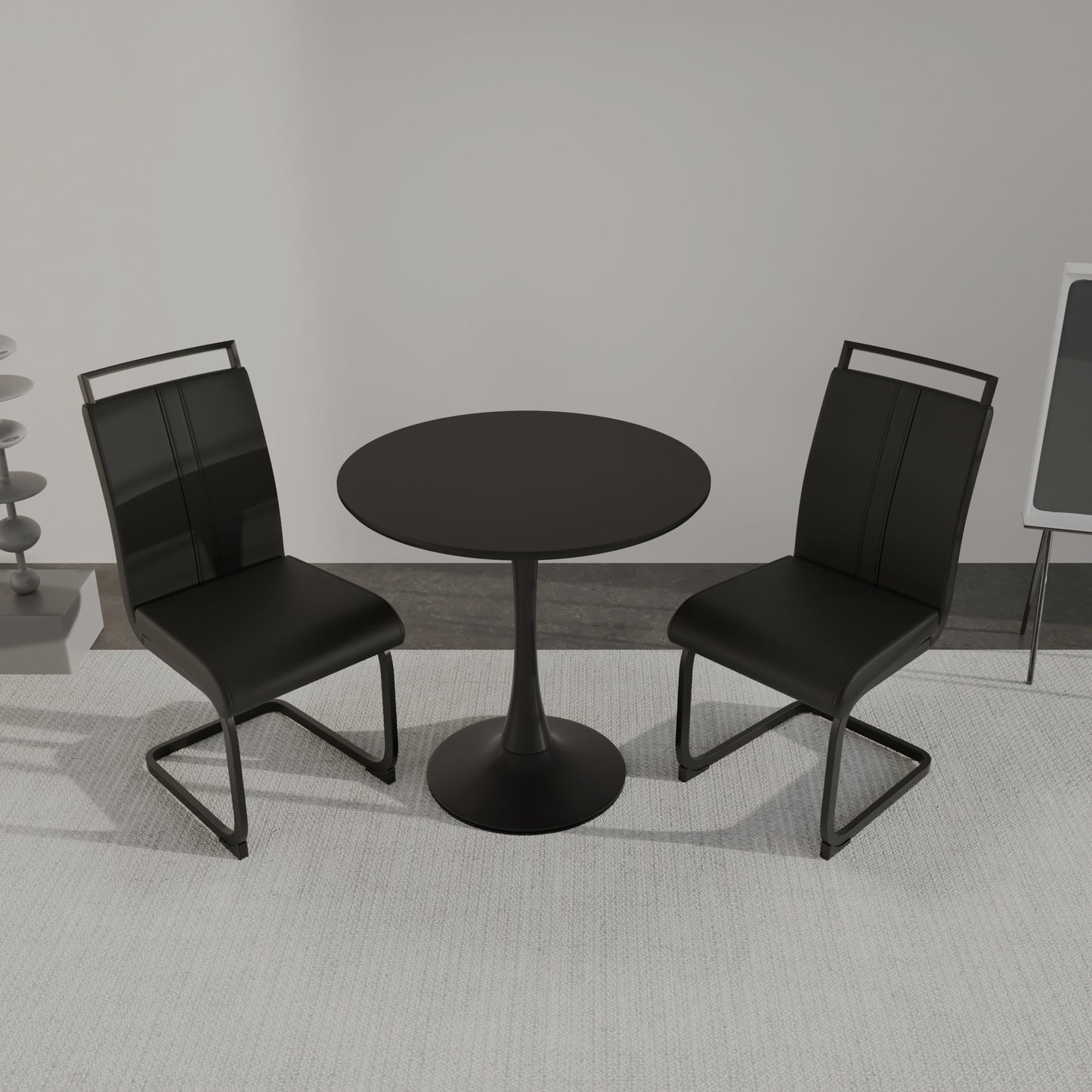 Black circular dining table, 31.5 "tulip dining table, kitchen dining table for 2-4 people, MDF tabletop and base, and 2 black PU black metal leg dining chairs set 2