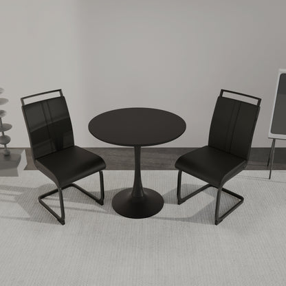 Black circular dining table, 31.5 "tulip dining table, kitchen dining table for 2-4 people, MDF tabletop and base, and 2 black PU black metal leg dining chairs set 2