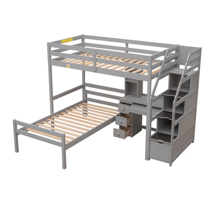 Twin Size Loft Bed with a Stand-alone Bed, Storage Staircase, Desk, Shelves and Drawers, Gray