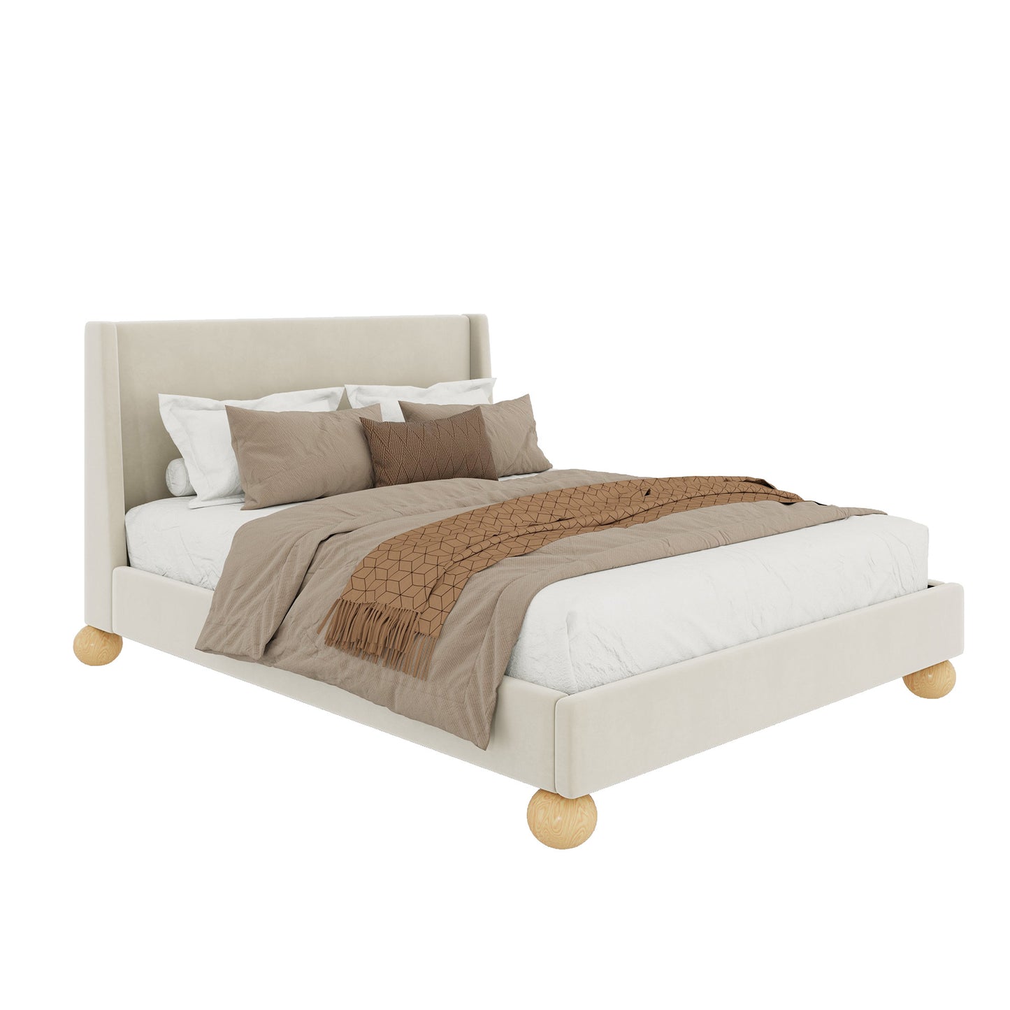 Modern Velvet Upholstered Platform Bed with Wingback Headboard and Round Wooden Legs, Cream,Queen Size(old sku:BS531851AAC)