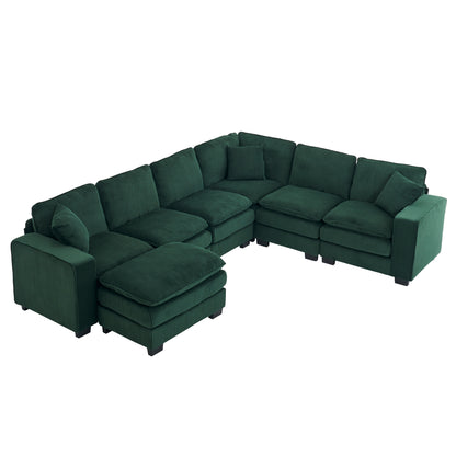 Modern U Shaped 6-seat Sectional Sofa Couch with one Ottoman and three toss pillows ,Modular Sofa for Living Room,Corduroy sofa